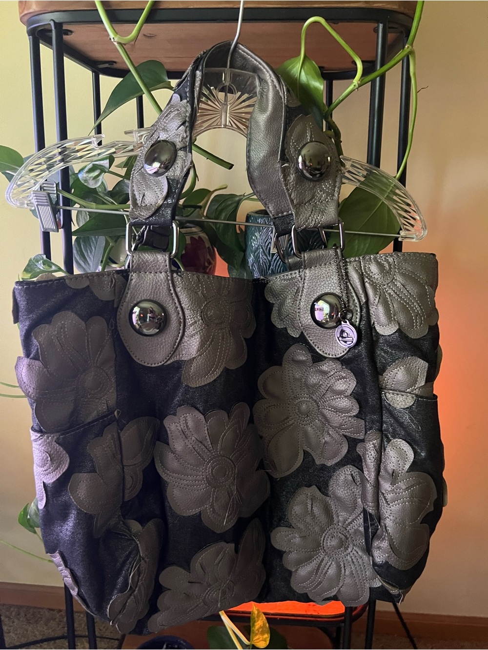 BIG BUDDHA Santa Barbara Shades of Gray Floral Appliqué Tote Bag